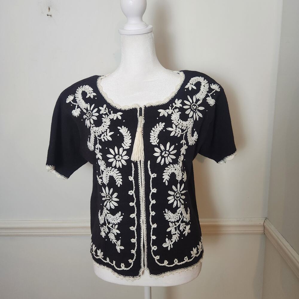 Vtg Cardigan Sweater MP Medium Petite Women Embroider Cottagecore Boho Coquette
